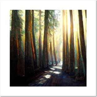 Tall trees lining a forest path as the sun shines through. Posters and Art